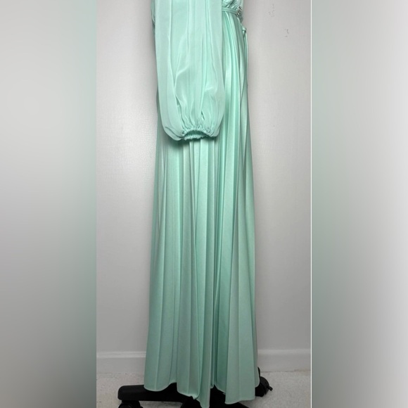 Vintage 1970s Mint Green Pleated Maxi Evening Dress Balloon Sleeve M - Picture 8 of 13